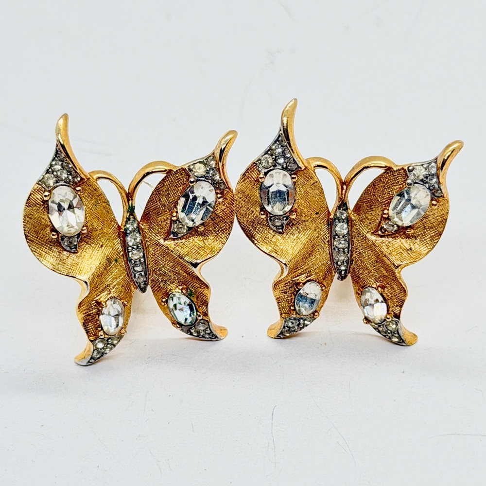 CROWN TRIFARI ALFRED PHILIPPE Gold Tone & Rhinestone Butterfly Clip On Earrings